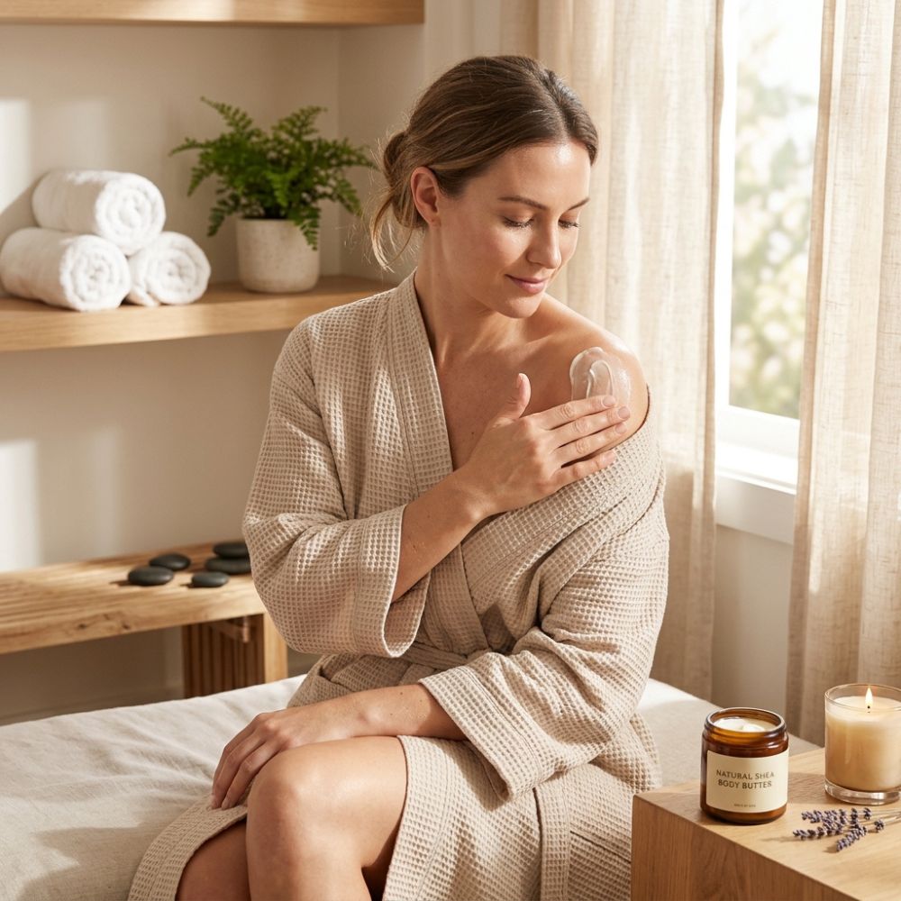 A woman in a beige waffle-textured robe sits on a spa bed, applying cream to her shoulder in a bright, serene bathroom or spa setting. A wooden candle jar and a lit candle sit on a bedside table nearby.