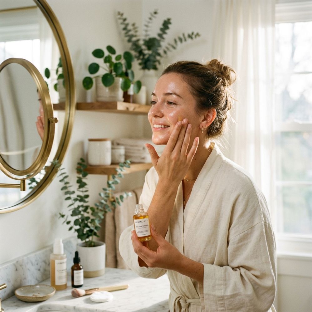 A woman in a cream linen robe applies a skincare serum from a gold-topped bottle to her face in a bright, sunlit bathroom with a marble counter, gold-framed mirror, and wooden shelves.